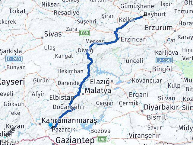 Kahramanmaraş Pazarcık Bayburt Arası Kaç Km - Yol Haritası