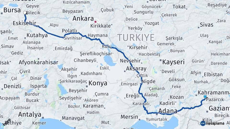 Kahramanmaraş Pazarcık Bilecik Arası Kaç Km - Yol Haritası