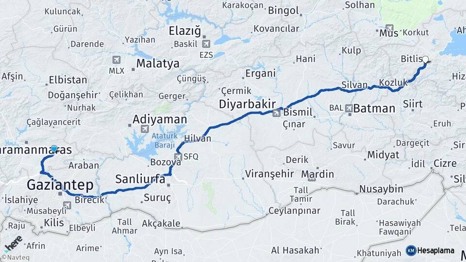 Kahramanmaraş Pazarcık Bitlis Arası Kaç Km - Yol Haritası