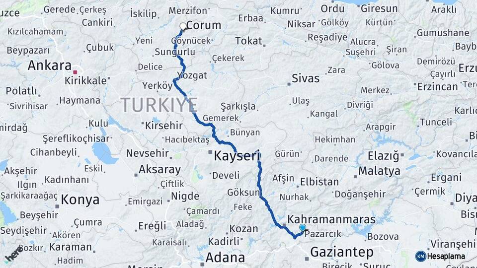 Kahramanmaraş Pazarcık Çorum Arası Kaç Km - Yol Haritası