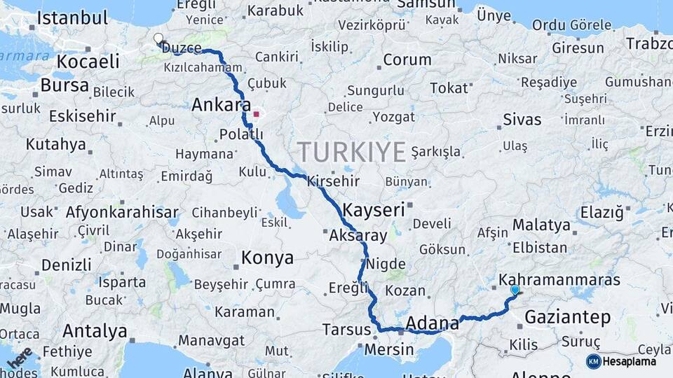 Kahramanmaraş Pazarcık Düzce Arası Kaç Km - Yol Haritası