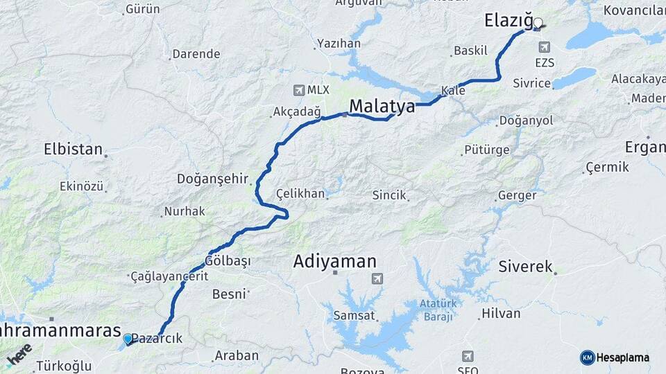 Kahramanmaraş Pazarcık Elazığ Arası Kaç Km - Yol Haritası