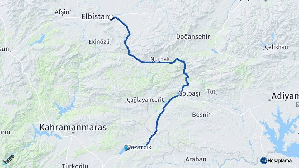 Kahramanmaraş Pazarcık Elbistan Arası Kaç Km - Yol Haritası