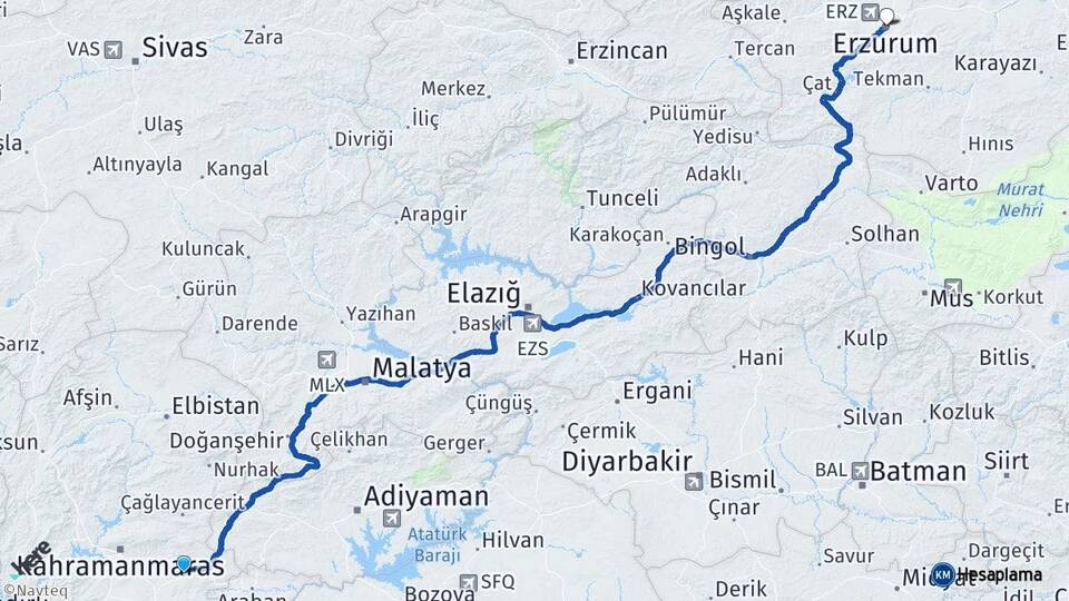 Kahramanmaraş Pazarcık Erzurum Arası Kaç Km - Yol Haritası