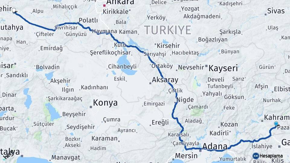 Kahramanmaraş Pazarcık Eskişehir Arası Kaç Km - Yol Haritası