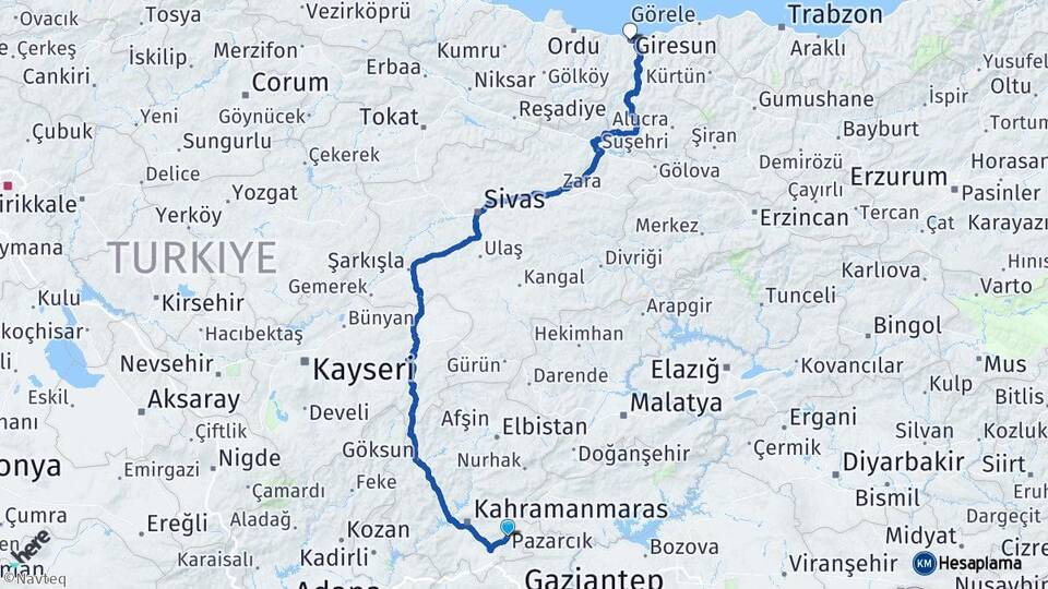 Kahramanmaraş Pazarcık Giresun Arası Kaç Km - Yol Haritası