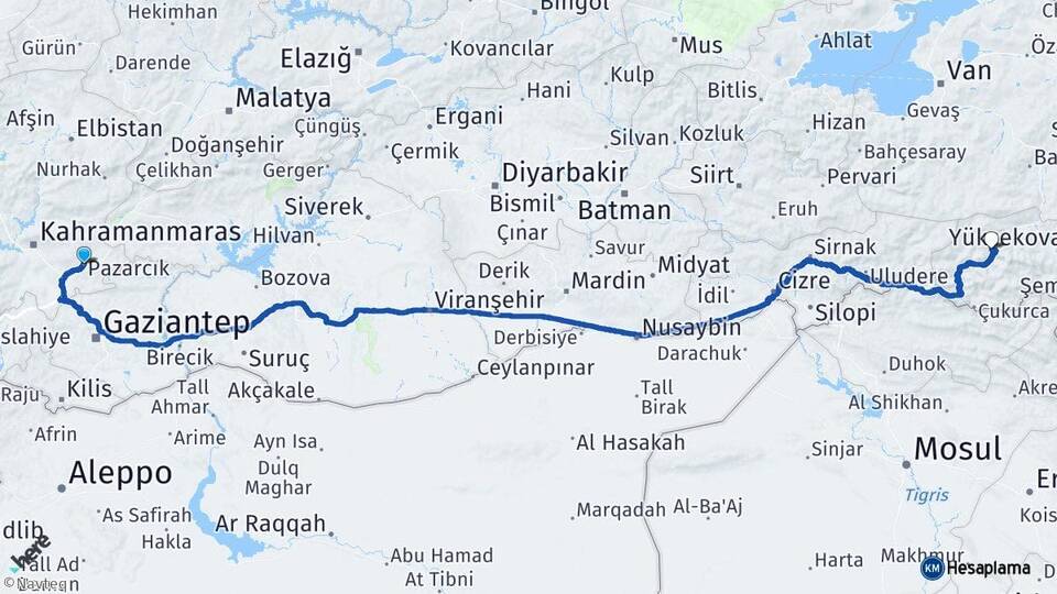 Kahramanmaraş Pazarcık Hakkari Arası Kaç Km - Yol Haritası