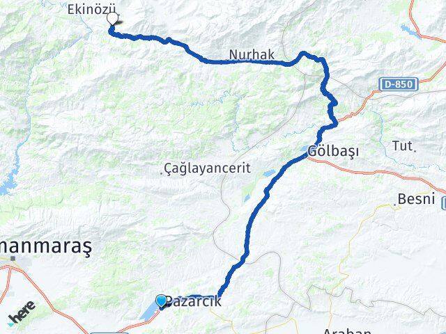 Kahramanmaraş Pazarcık İçmeler Ekinözü Arası Kaç Km - Yol Haritası