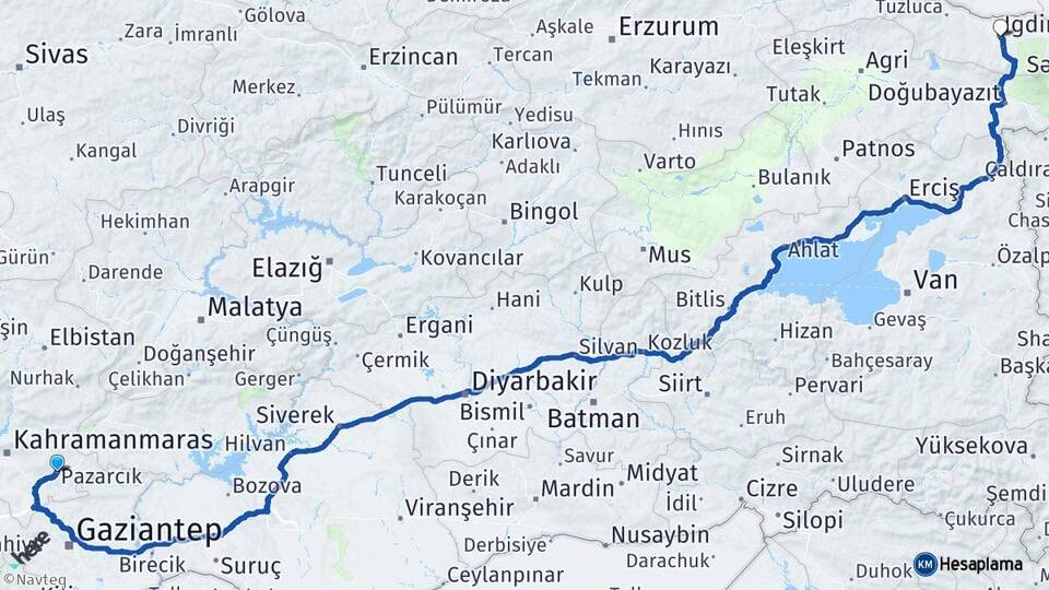 Kahramanmaraş Pazarcık Iğdır Arası Kaç Km - Yol Haritası