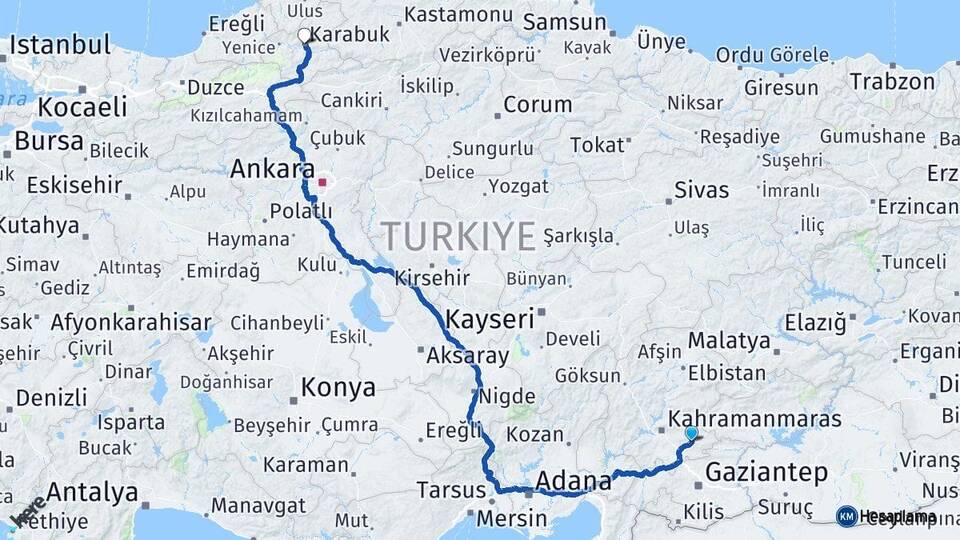 Kahramanmaraş Pazarcık Karabük Arası Kaç Km - Yol Haritası