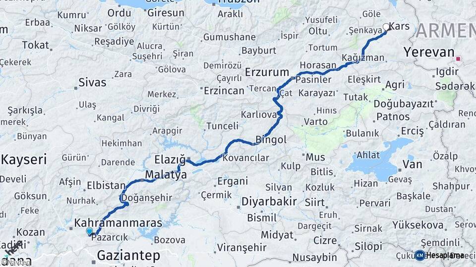 Kahramanmaraş Pazarcık Kars Arası Kaç Km - Yol Haritası