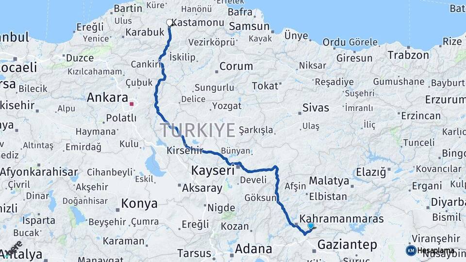 Kahramanmaraş Pazarcık Kastamonu Arası Kaç Km - Yol Haritası