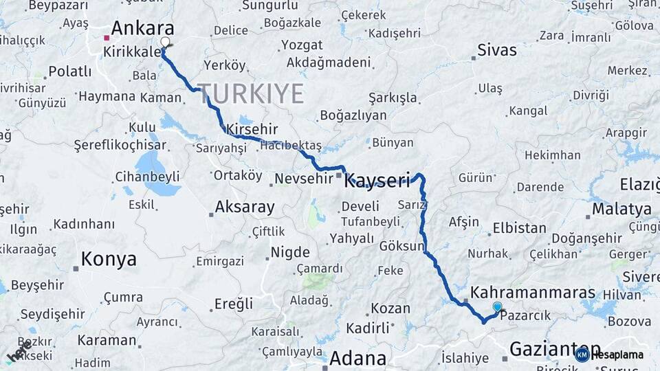 Kahramanmaraş Pazarcık Kırıkkale Arası Kaç Km - Yol Haritası