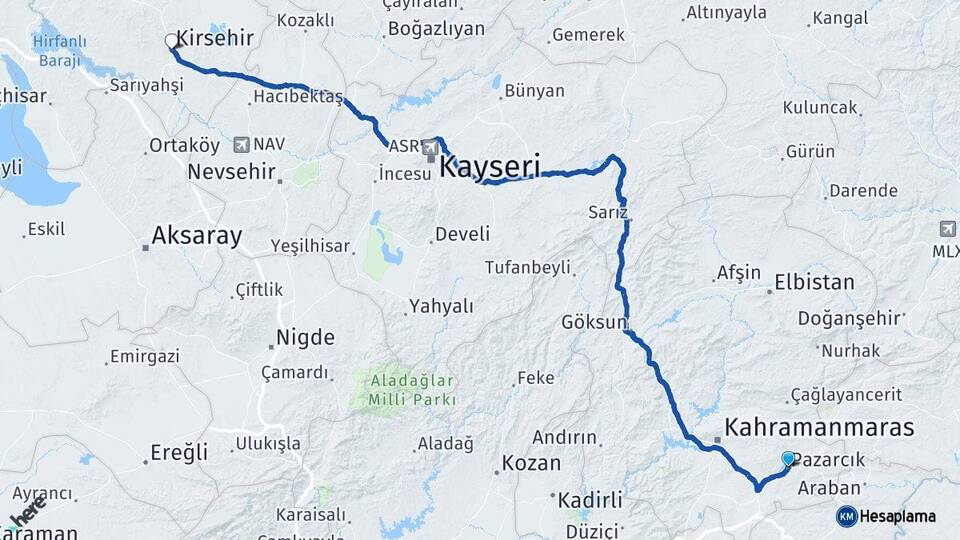 Kahramanmaraş Pazarcık Kırşehir Arası Kaç Km - Yol Haritası