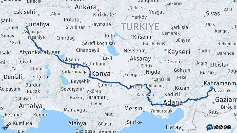 Kahramanmaraş Pazarcık Kütahya Arası Kaç Km - Yol Haritası
