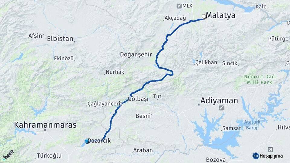 Kahramanmaraş Pazarcık Malatya Arası Kaç Km - Yol Haritası