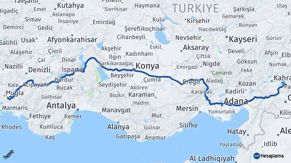 Kahramanmaraş Pazarcık Muğla Arası Kaç Km - Yol Haritası