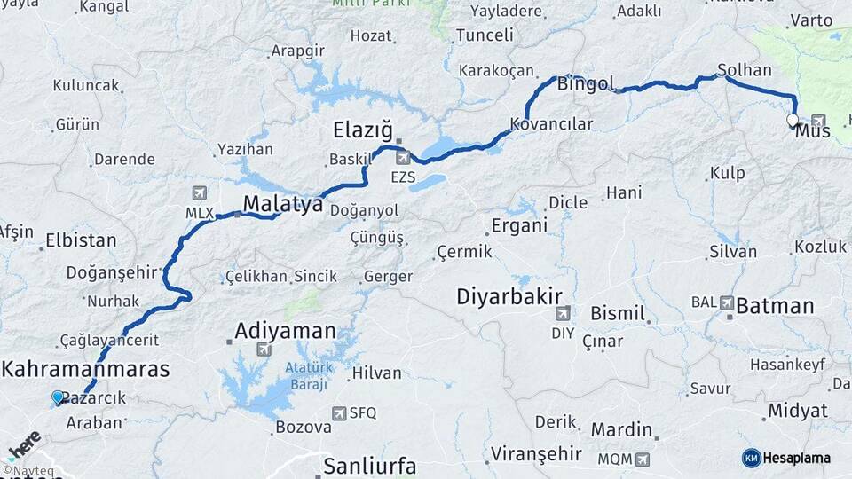 Kahramanmaraş Pazarcık Muş Arası Kaç Km - Yol Haritası