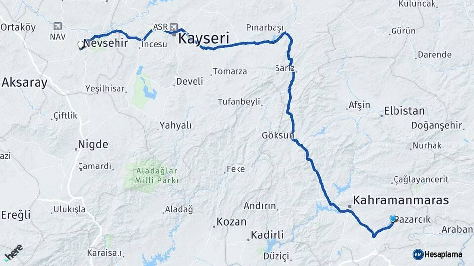 Kahramanmaraş Pazarcık Nevşehir Arası Kaç Km - Yol Haritası