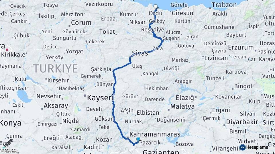 Kahramanmaraş Pazarcık Ordu Arası Kaç Km - Yol Haritası