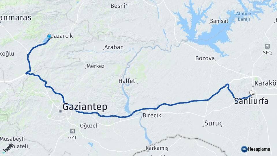 Kahramanmaraş Pazarcık Şanlıurfa Arası Kaç Km - Yol Haritası