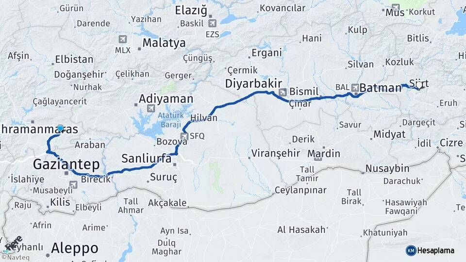 Kahramanmaraş Pazarcık Siirt Arası Kaç Km - Yol Haritası