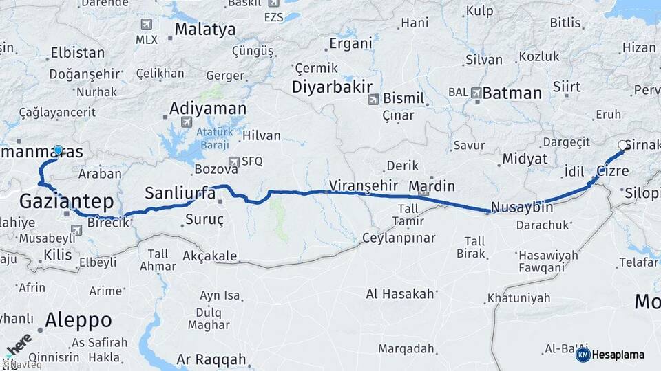 Kahramanmaraş Pazarcık Şırnak Arası Kaç Km - Yol Haritası