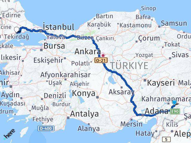 Kahramanmaraş Pazarcık Tekirdağ Arası Kaç Km - Yol Haritası
