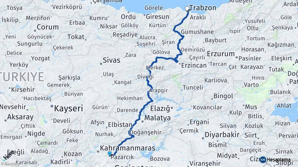 Kahramanmaraş Pazarcık Trabzon Arası Kaç Km - Yol Haritası