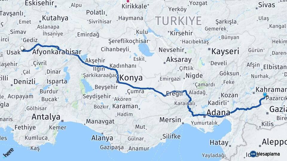 Kahramanmaraş Pazarcık Uşak Arası Kaç Km - Yol Haritası