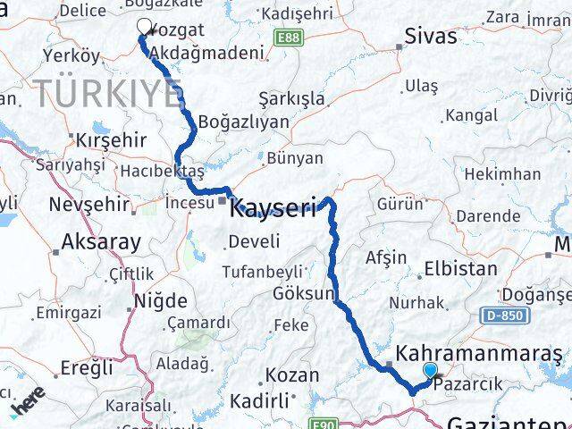 Kahramanmaraş Pazarcık Yozgat Arası Kaç Km - Yol Haritası