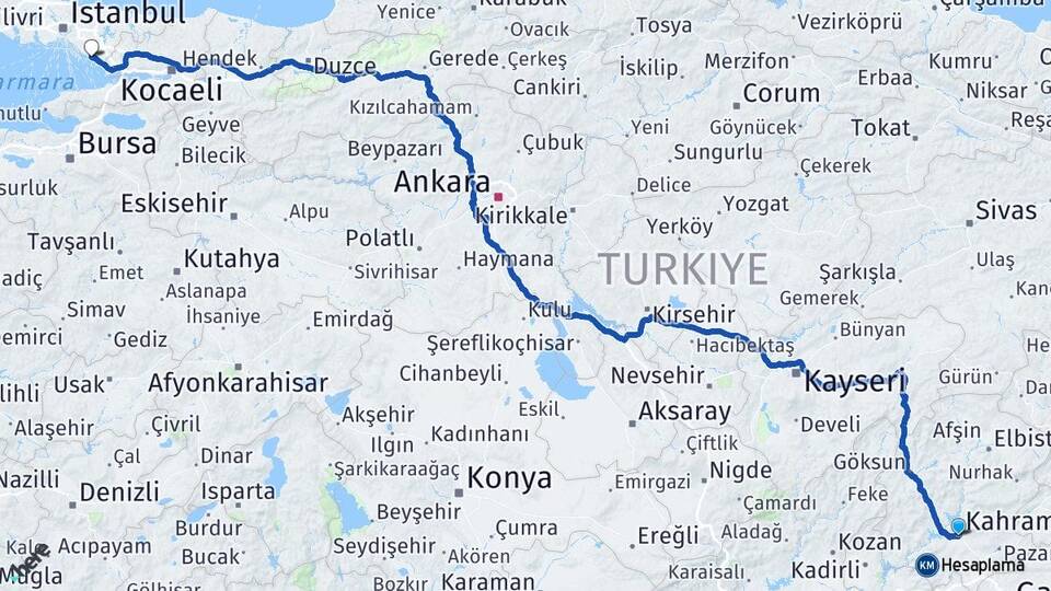 Kahramanmaraş Pendik İstanbul Arası Kaç Km - Yol Haritası