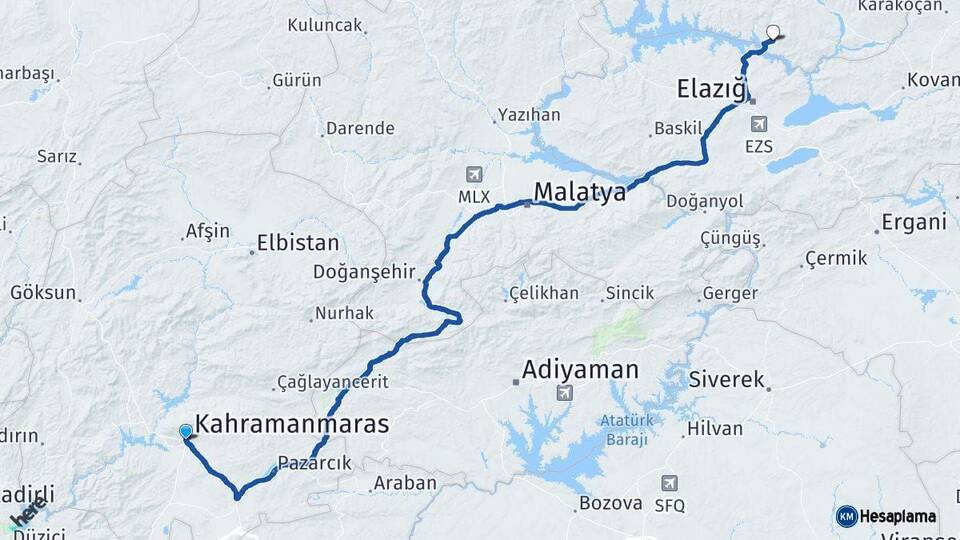 Kahramanmaraş Pertek Tunceli Arası Kaç Km - Yol Haritası