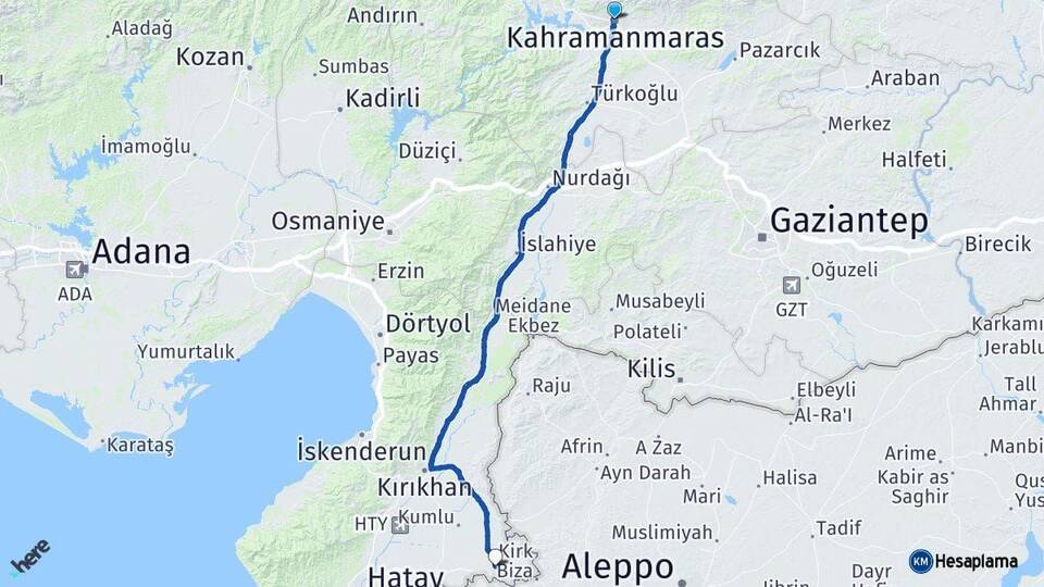 Kahramanmaraş Reyhanlı Hatay Arası Kaç Km - Yol Haritası