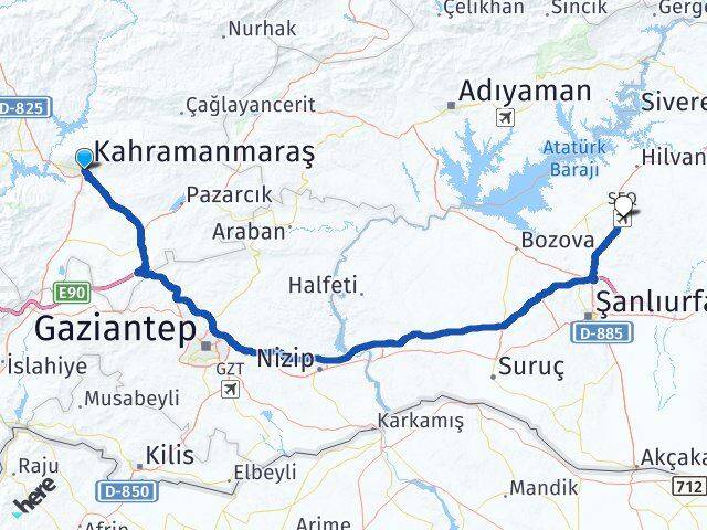 Kahramanmaraş Ş.Urfa GAP Havalimanı Arası Kaç Km - Yol Haritası