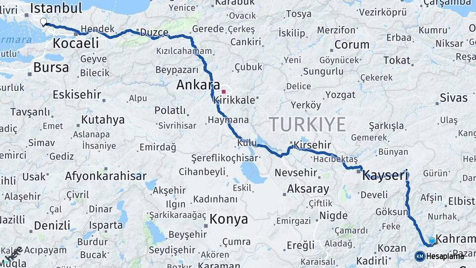 Kahramanmaraş Sabiha Gökçen Havalimanı Arası Kaç Km - Yol Haritası