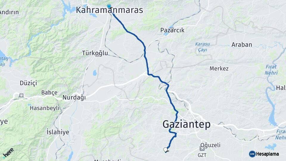 Kahramanmaraş Şahinbey Gaziantep Arası Kaç Km - Yol Haritası