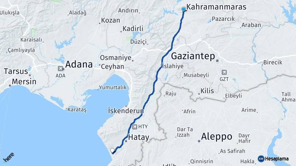 Kahramanmaraş Samandağ Hatay Arası Kaç Km - Yol Haritası