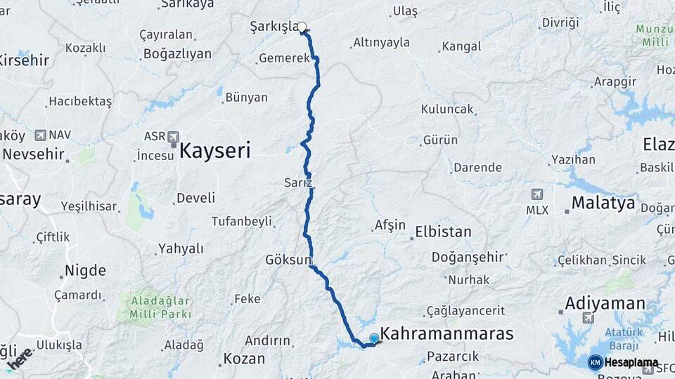 Kahramanmaraş Şarkışla Sivas Arası Kaç Km - Yol Haritası