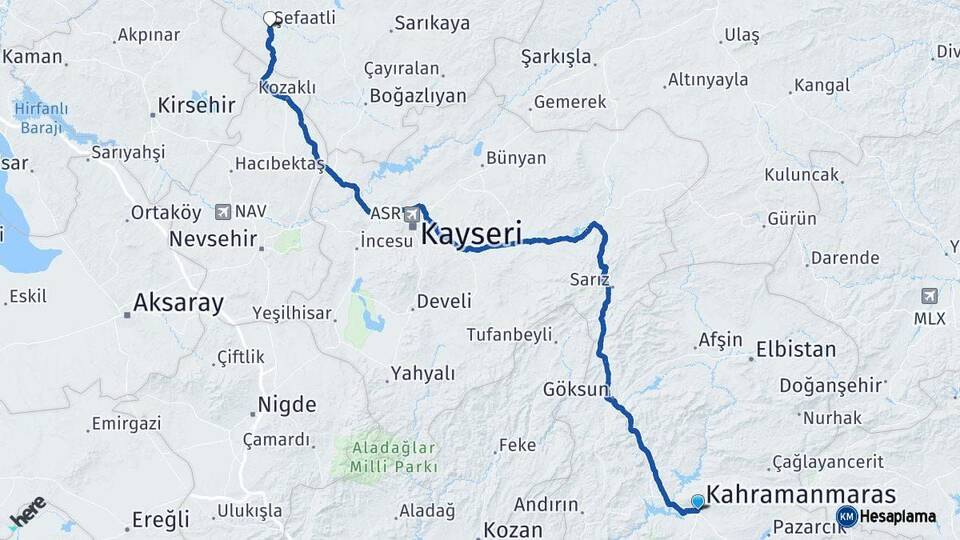 Kahramanmaraş Şefaatli Yozgat Arası Kaç Km - Yol Haritası