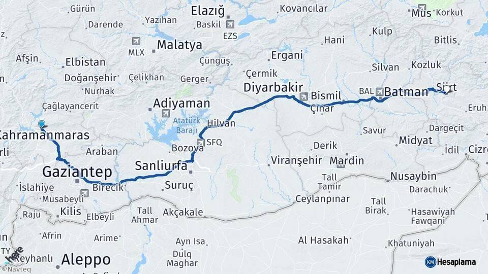 Kahramanmaraş Siirt Arası Kaç Km - Yol Haritası