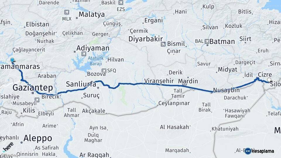 Kahramanmaraş Silopi Şırnak Arası Kaç Km - Yol Haritası