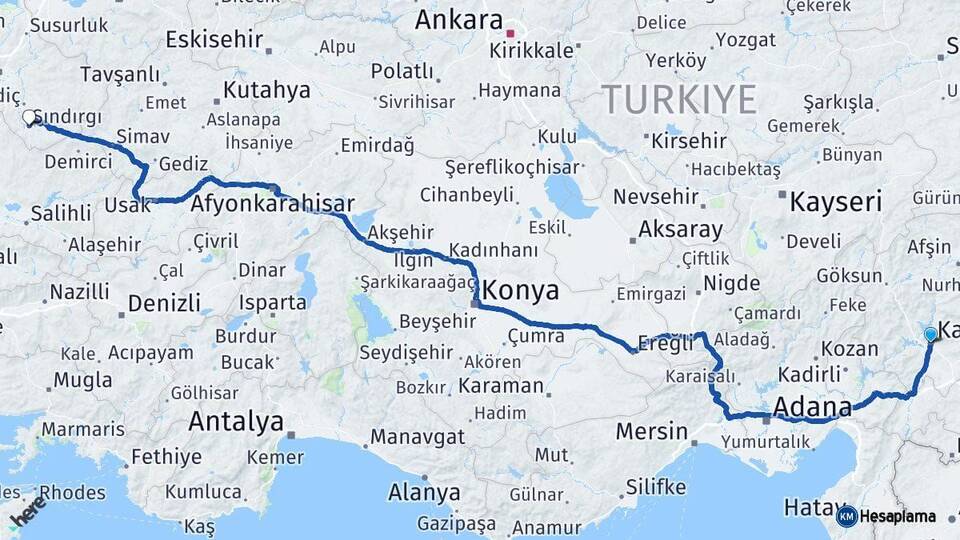 Kahramanmaraş Sındırgı Balıkesir Arası Kaç Km - Yol Haritası