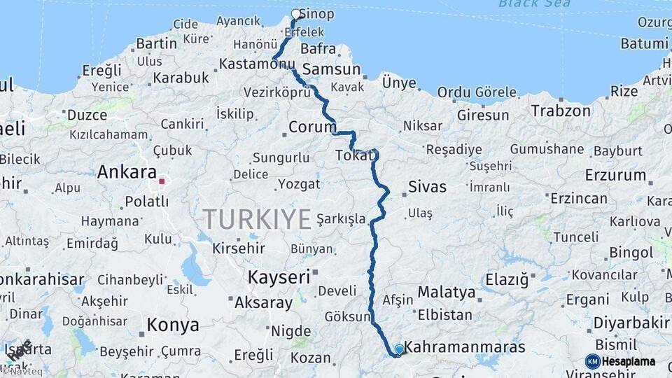 Kahramanmaraş Sinop Arası Kaç Km - Yol Haritası