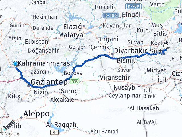 Kahramanmaraş Şirvan Siirt Arası Kaç Km - Yol Haritası