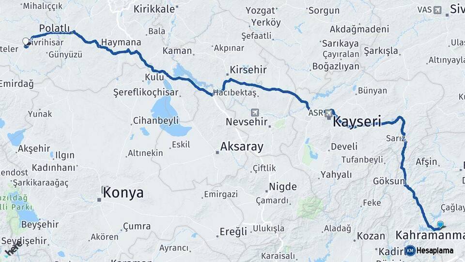 Kahramanmaraş Sivrihisar Eskişehir Arası Kaç Km - Yol Haritası