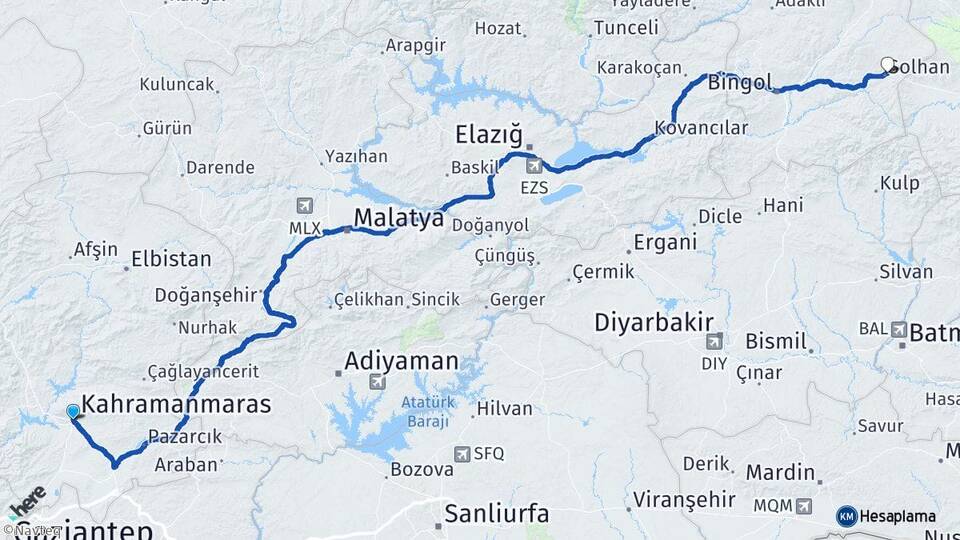 Kahramanmaraş Solhan Bingöl Arası Kaç Km - Yol Haritası
