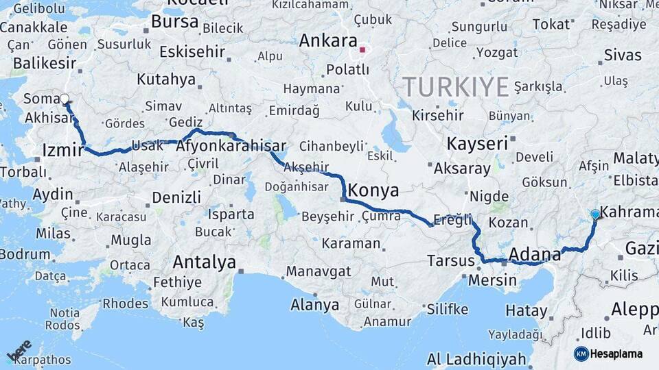 Kahramanmaraş Soma Manisa Arası Kaç Km - Yol Haritası