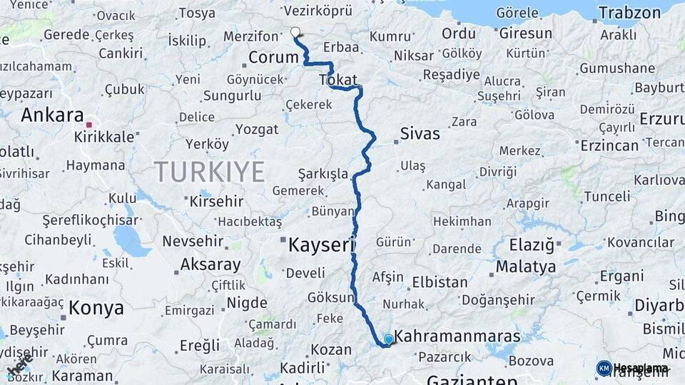 Kahramanmaraş Suluova Amasya Arası Kaç Km - Yol Haritası