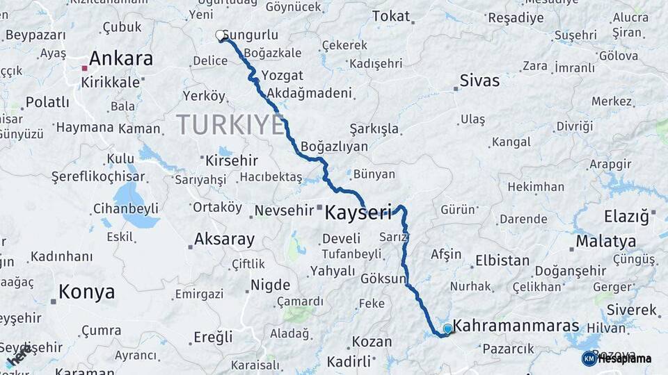 Kahramanmaraş Sungurlu Çorum Arası Kaç Km - Yol Haritası